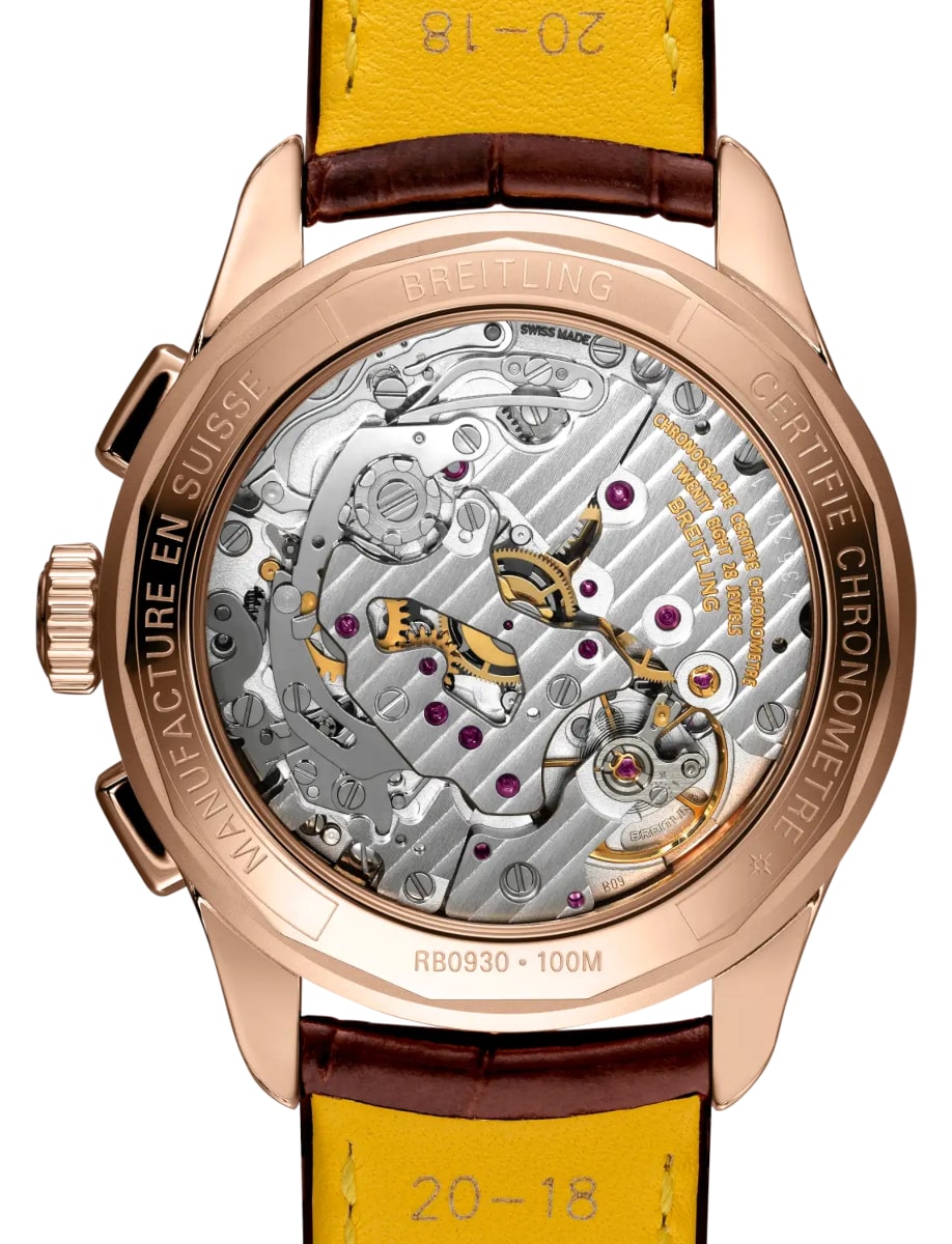 Back view of Breitling wristwatch with 18k red gold case, green dial and alligator leather strap