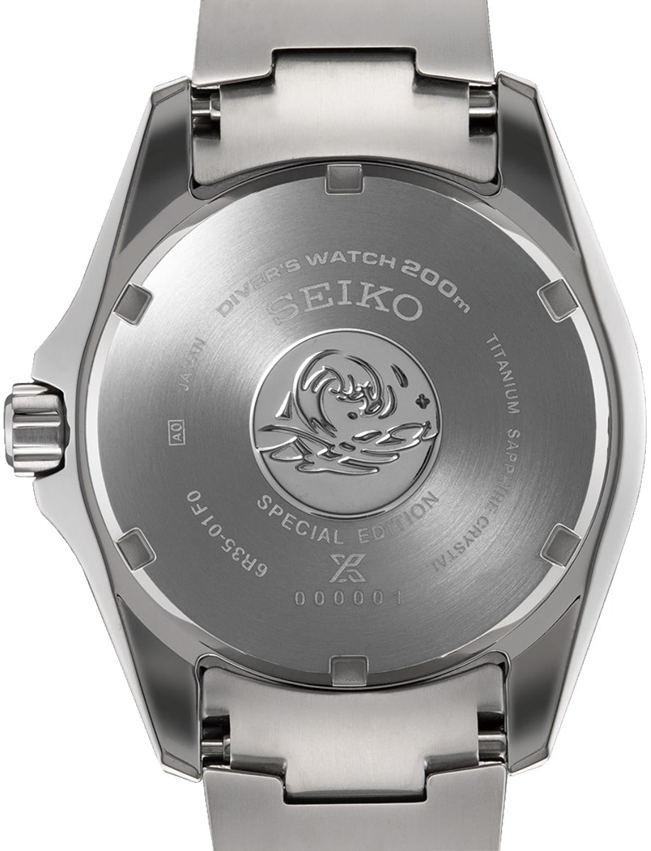 Back view of Seiko Luxe wristwatch with stainless steel case and bracelet and blue dial