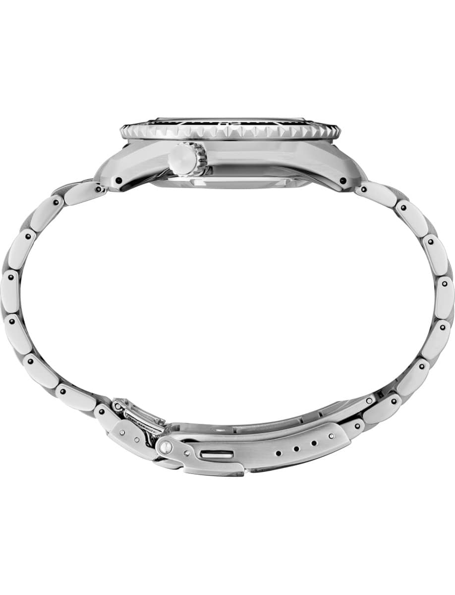 Side view of Seiko Luxe wristwatch with stainless steel case and bracelet