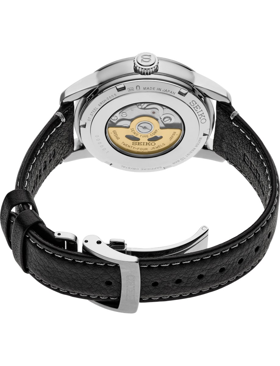 Back view of Seiko Luxe wristwatch with stainless steel case and black leather strap