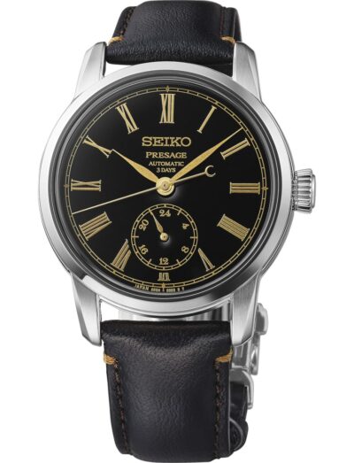 Seiko Luxe wristwatch with stainless steel case, black dial and black leather strap | Feldmar Watch Co. Seiko Luxe wristwatch with stainless steel case, black dial and black leather strap