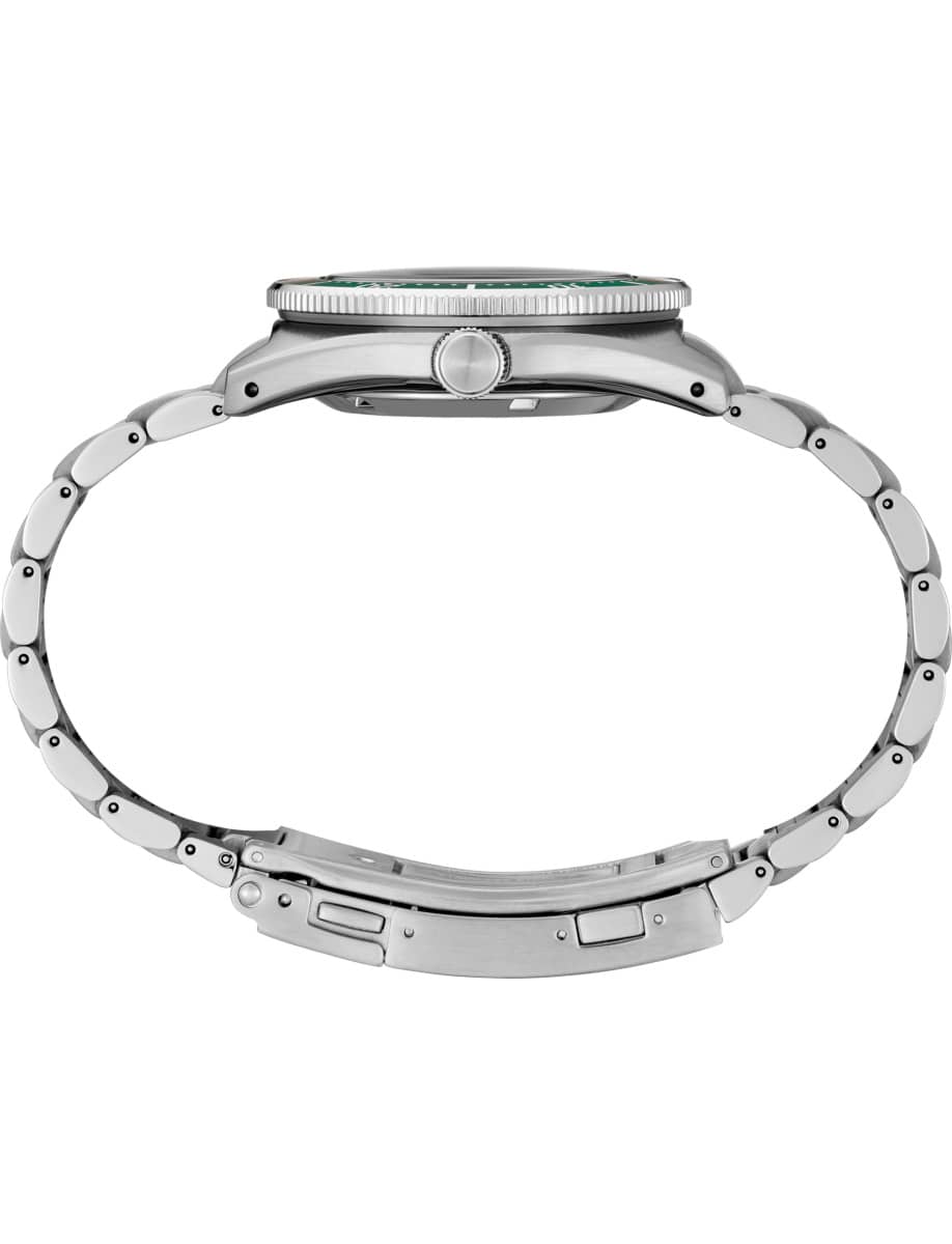 Side view of Seiko wristwatch with stainless steel case and bracelet