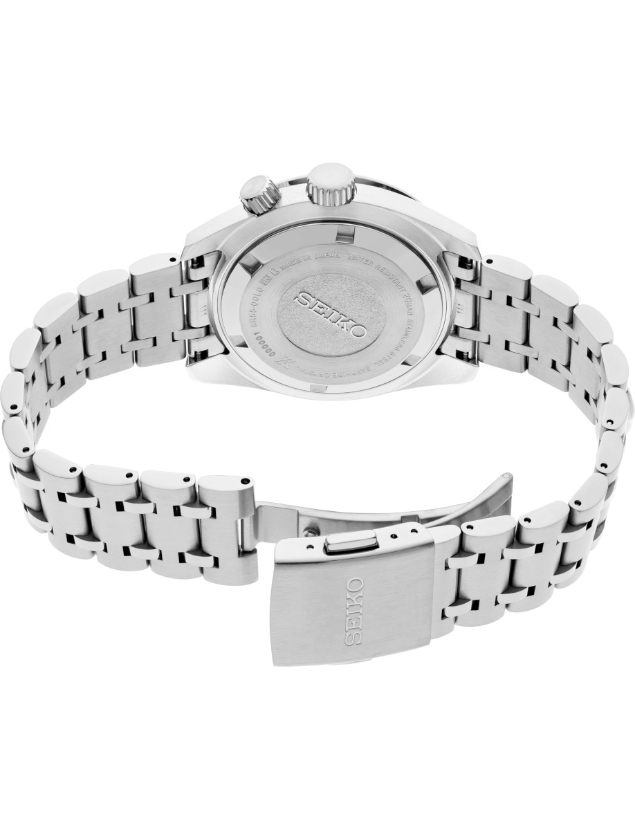 Back view of Seiko Luxe wristwatch with stainless steel case and bracelet