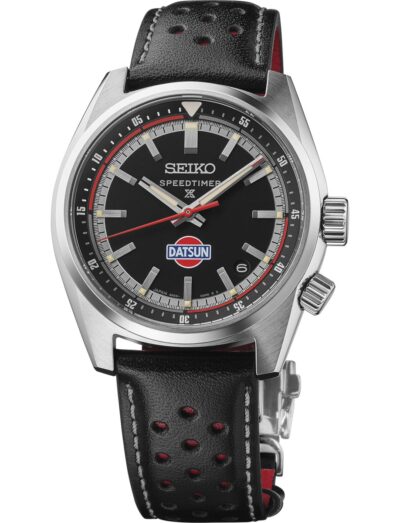 Seiko Luxe wristwatch with stainless steel case, black dial and black leather strap