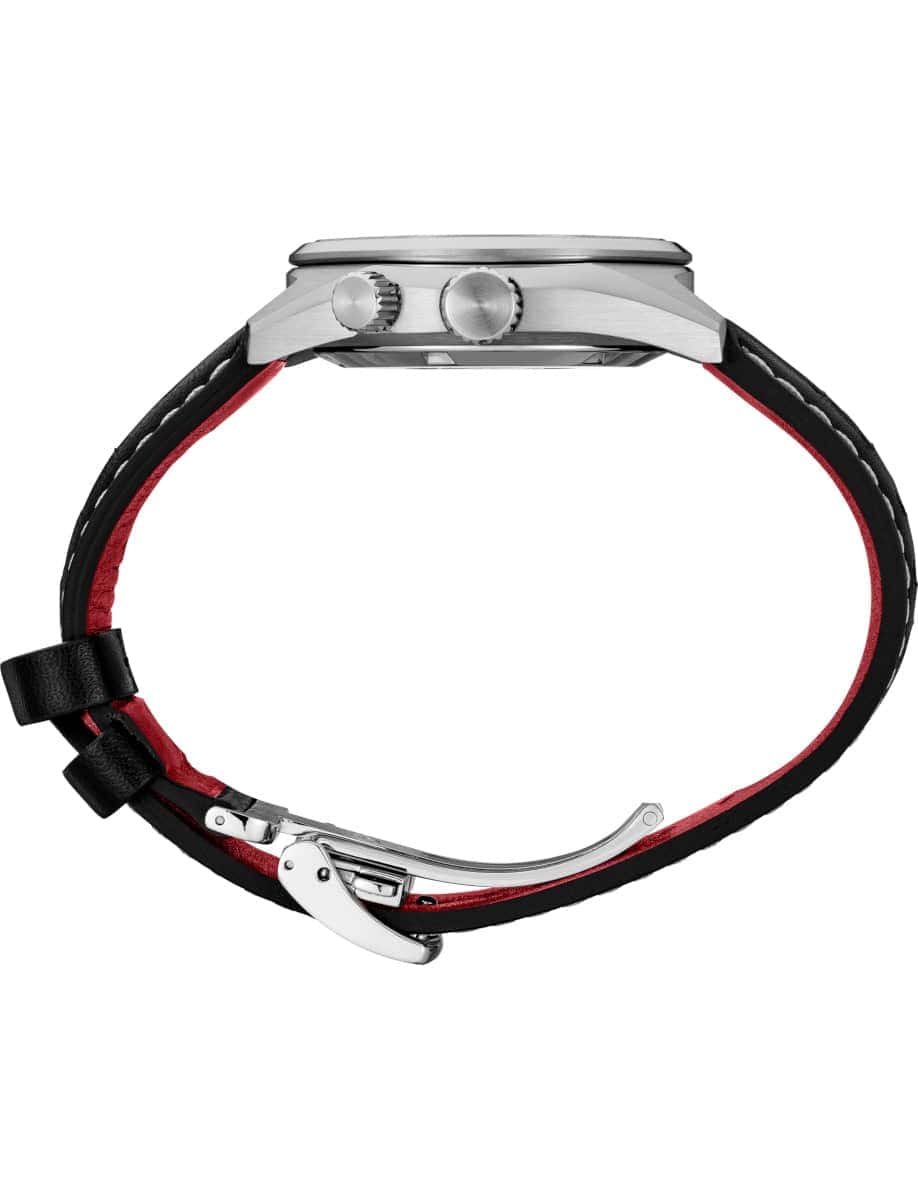 Side view of Seiko Luxe wristwatch with stainless steel case and black leather strap