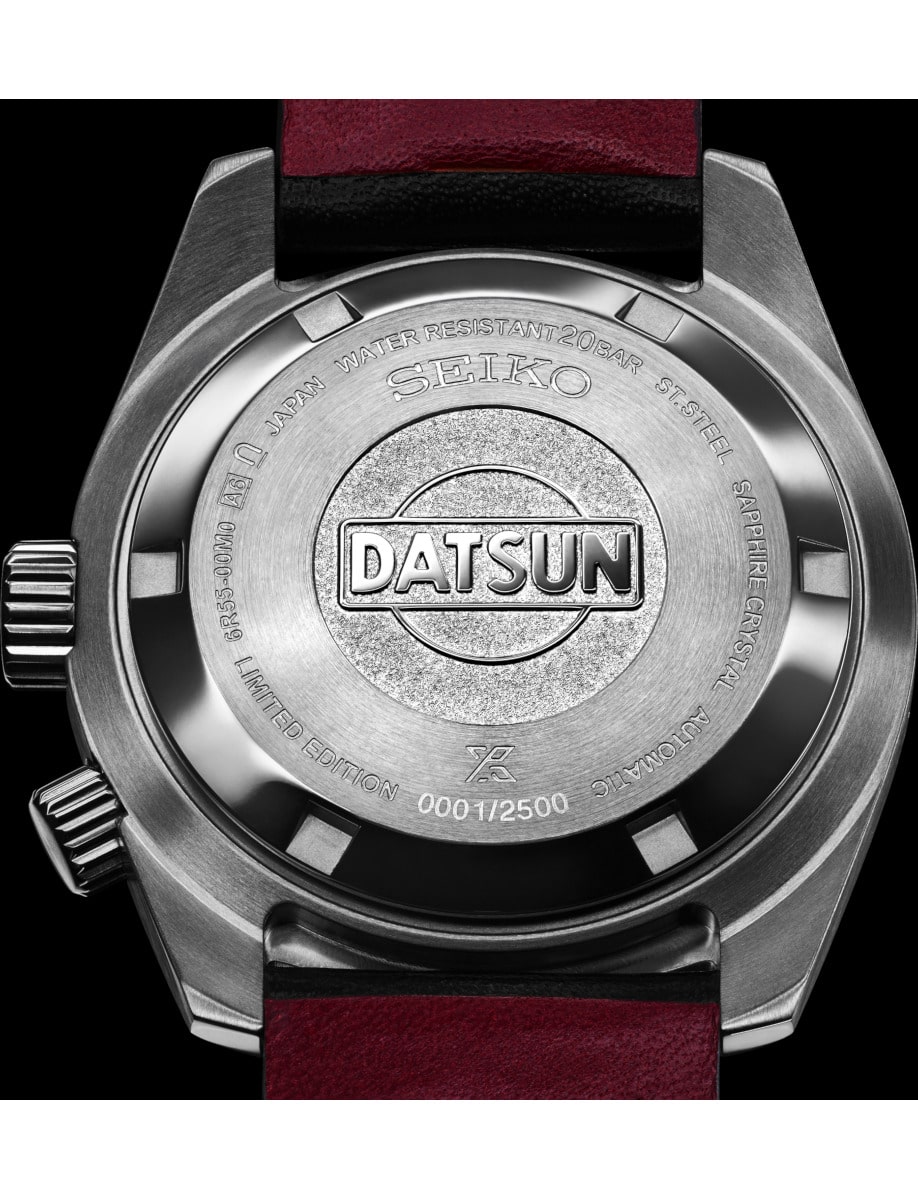 Back view of Seiko Luxe wristwatch with stainless steel case and black leather strap