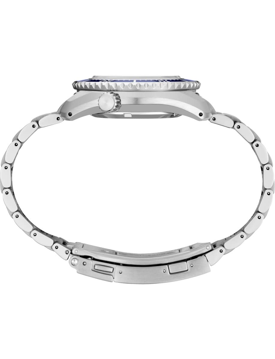 Side view of Seiko Luxe wristwatch with stainless steel case and bracelet