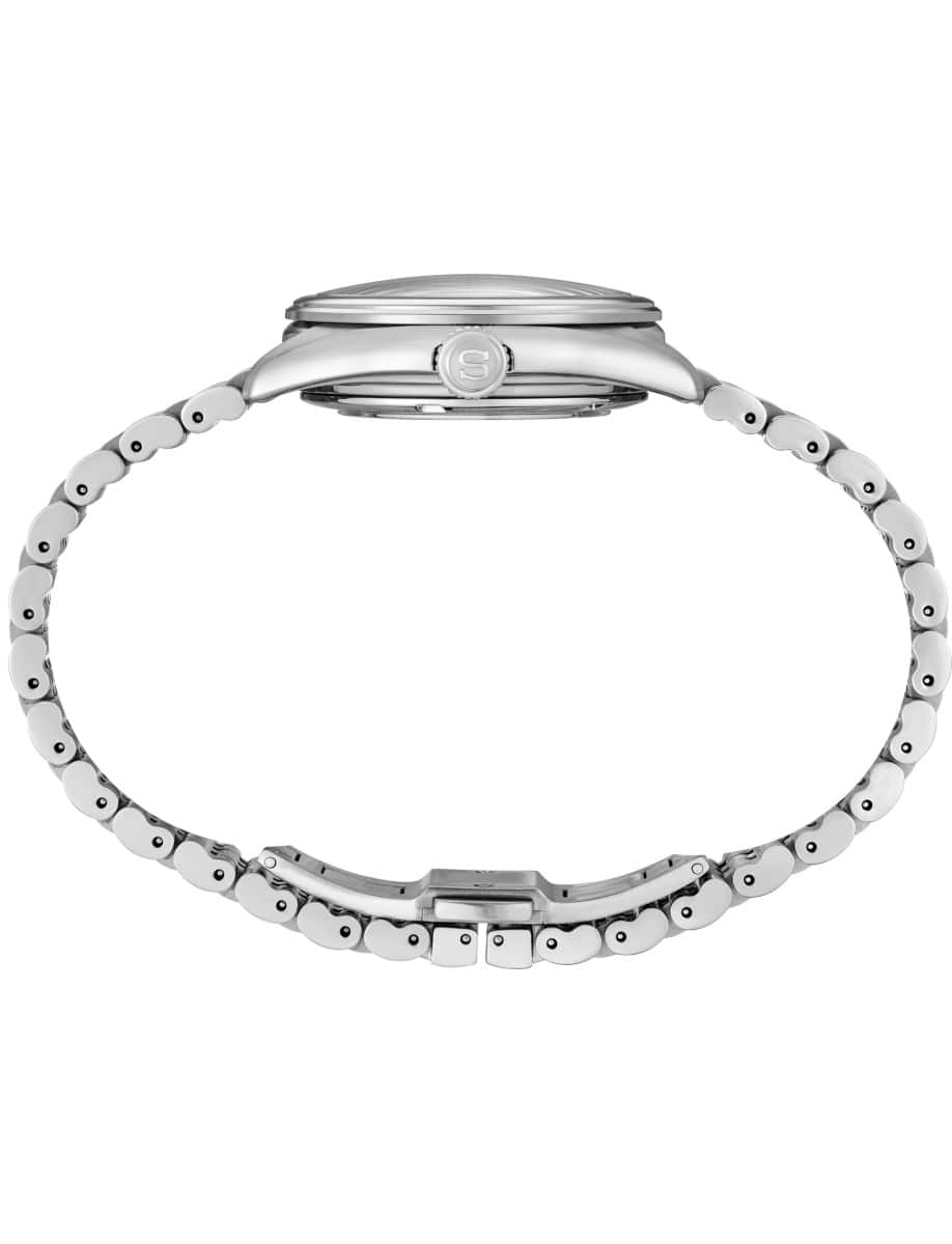 Side view of Seiko Luxe wristwatch with stainless steel case and bracelet