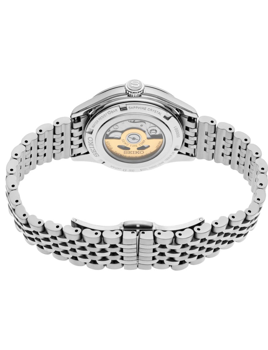 Back view of Seiko Luxe wristwatch with stainless steel case and bracelet