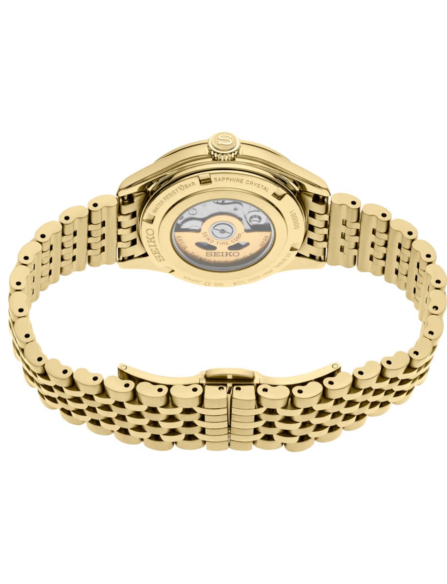 Back view of Seiko Luxe wristwatch with gold finish stainless steel case and bracelet