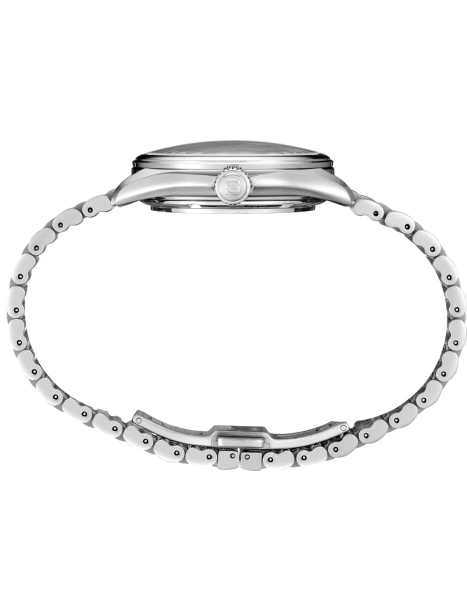 Side view of Seiko Luxe wristwatch with stainless steel case and bracelet