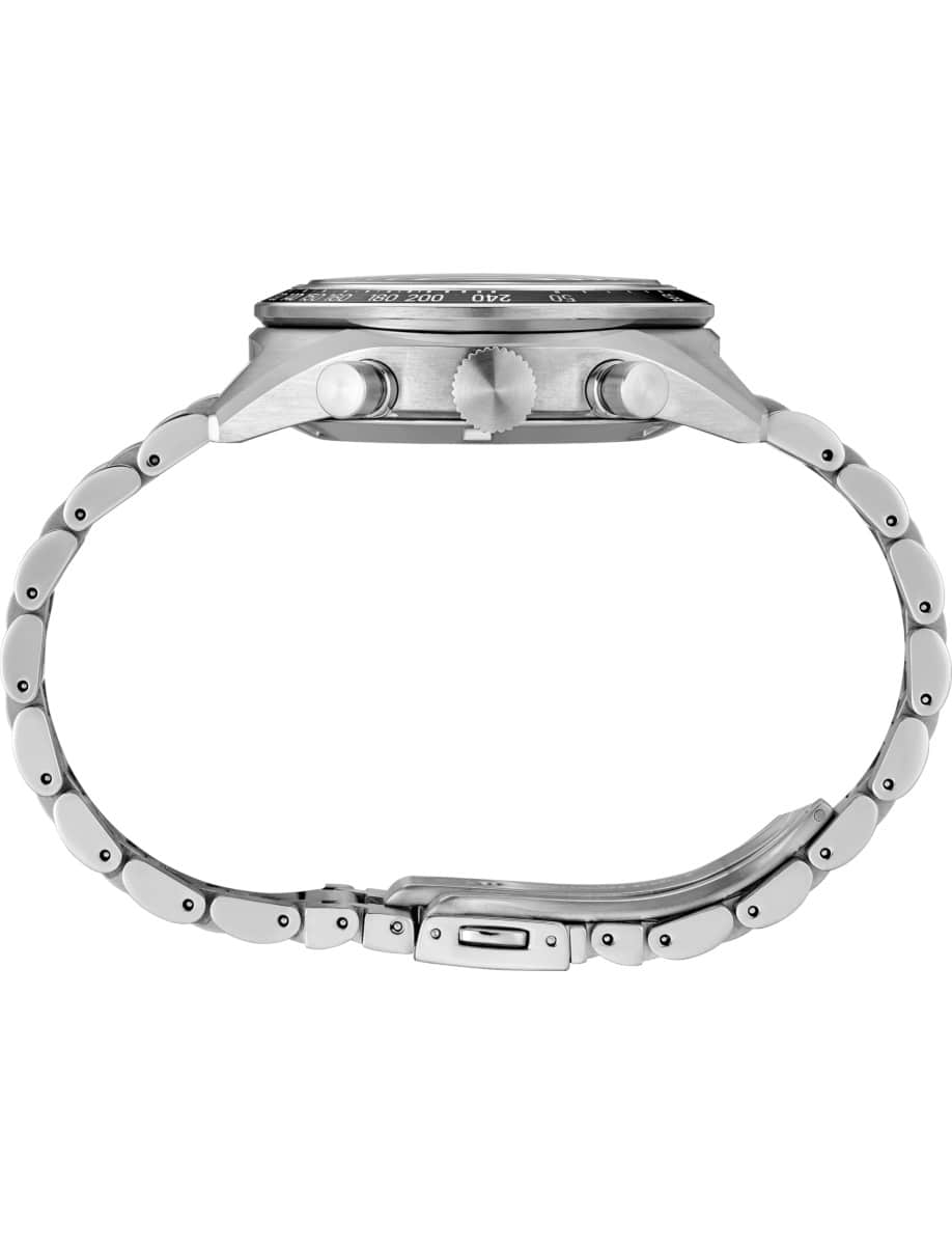 Side view of Seiko Luxe wristwatch with stainless steel case and bracelet