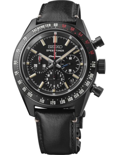 Seiko Luxe wristwatch with black coated stainless steel case, black dial and black leather strap