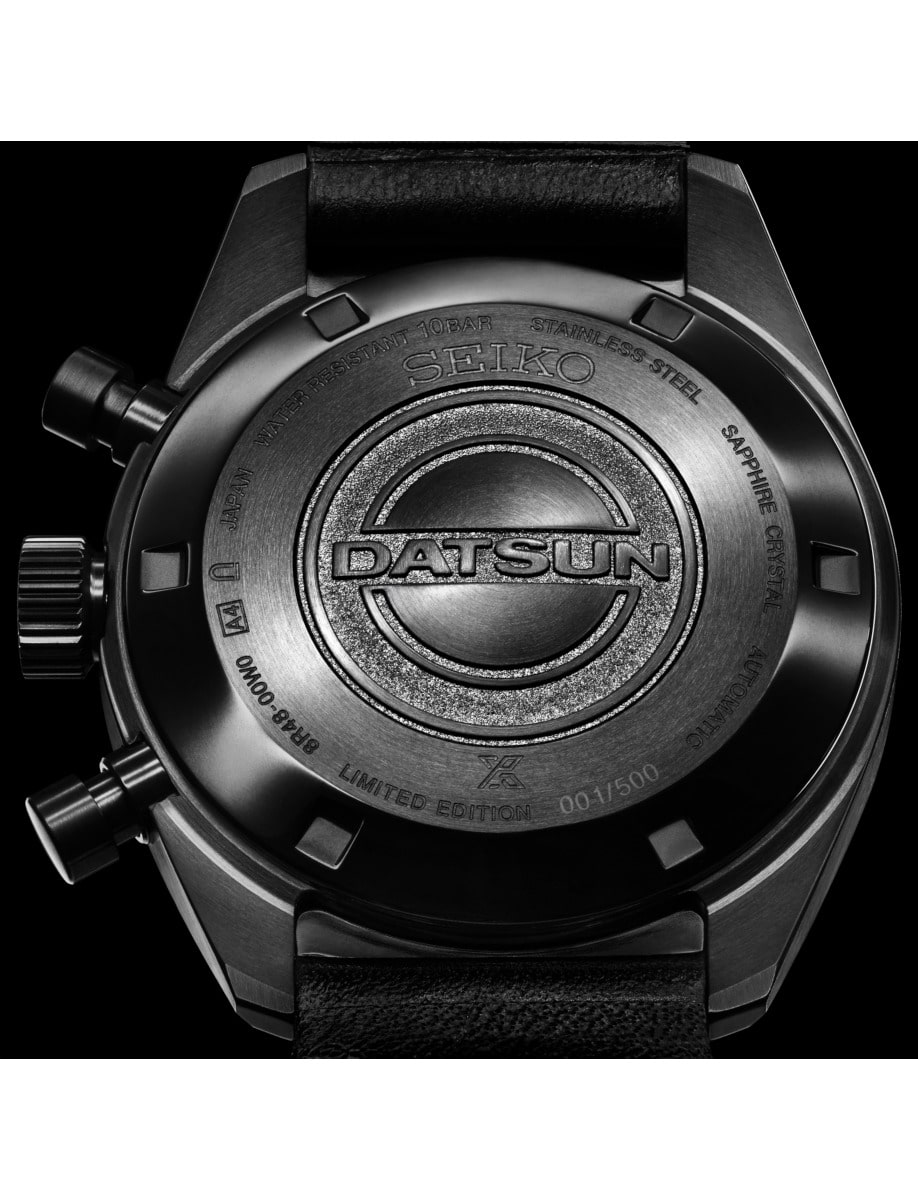 Back view of Seiko Luxe wristwatch with black coated stainless steel case and black leather strap
