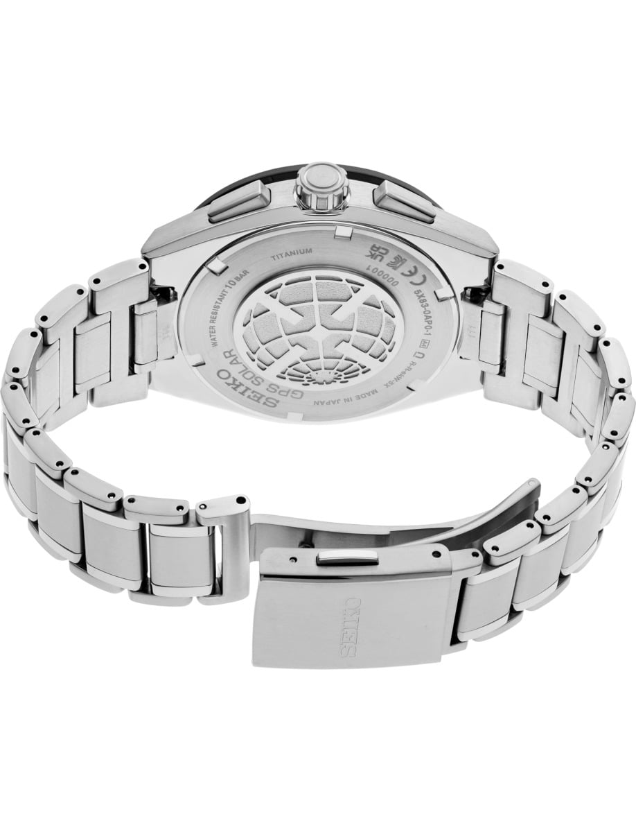 Back view of Seiko Luxe wristwatch with titanium case and bracelet