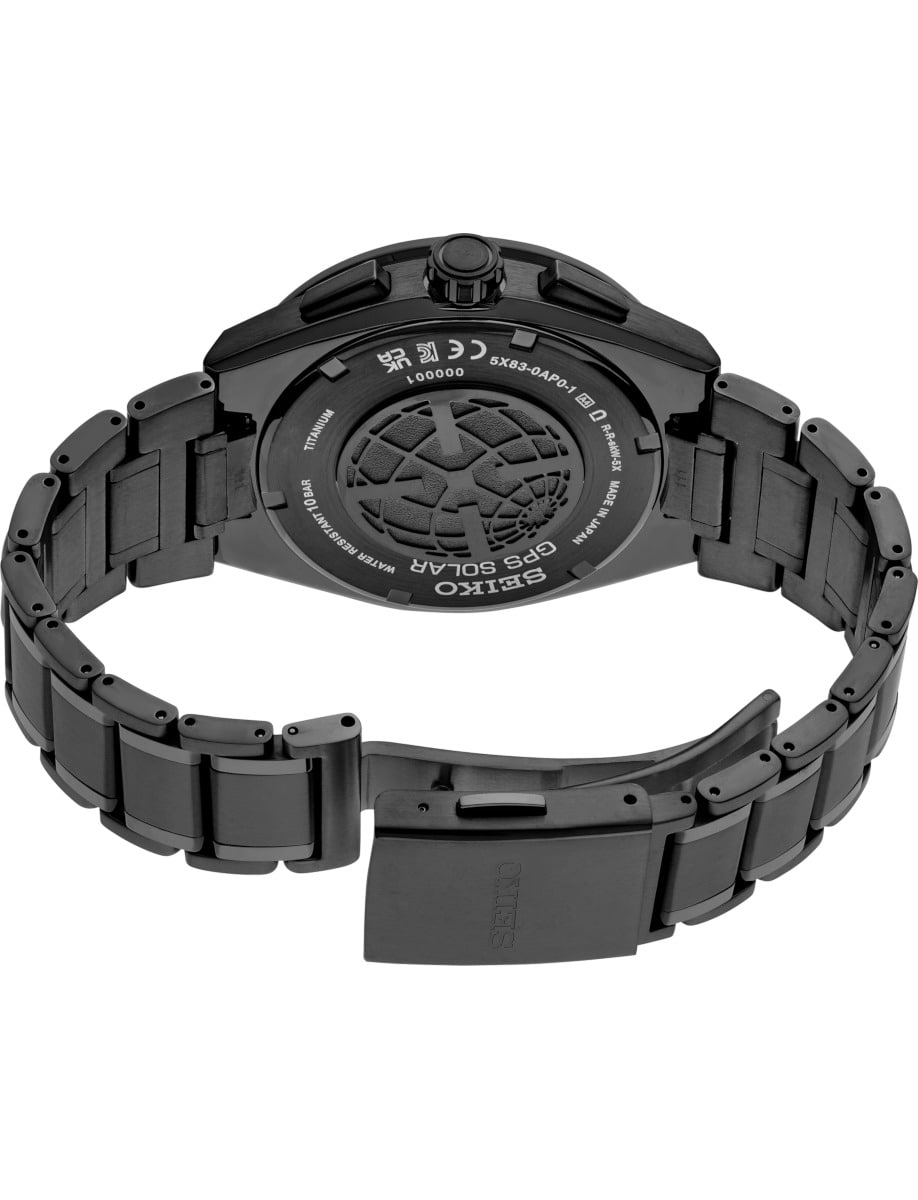 Back view of Seiko Luxe wristwatch with titanium case and bracelet