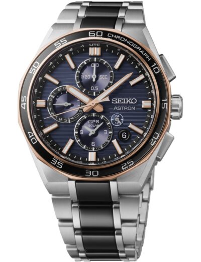 Seiko Luxe wristwatch with titanium case, blue dial and ceramic and titanium bracelet | Feldmar Watch Co. Seiko Luxe wristwatch with titanium case, blue dial and ceramic and titanium bracelet