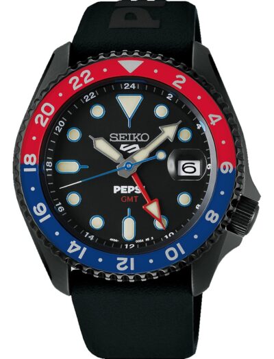 Seiko wristwatch with stainless steel case, black dial and black silicone strap