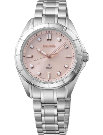 Seiko Luxe wristwatch with stainless steel case and bracelet and pink dial