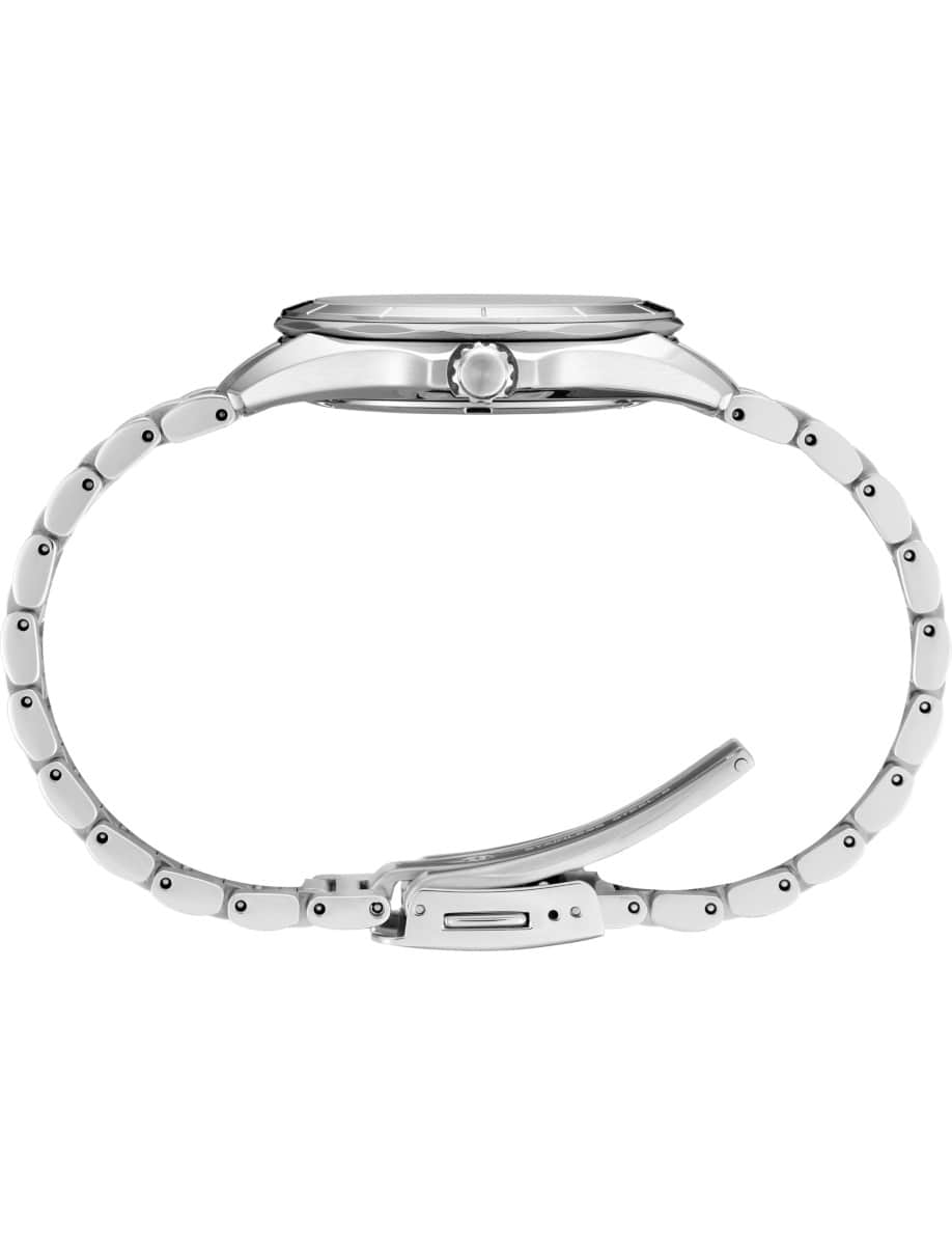 Side view of Seiko Luxe wristwatch with stainless steel case and bracelet