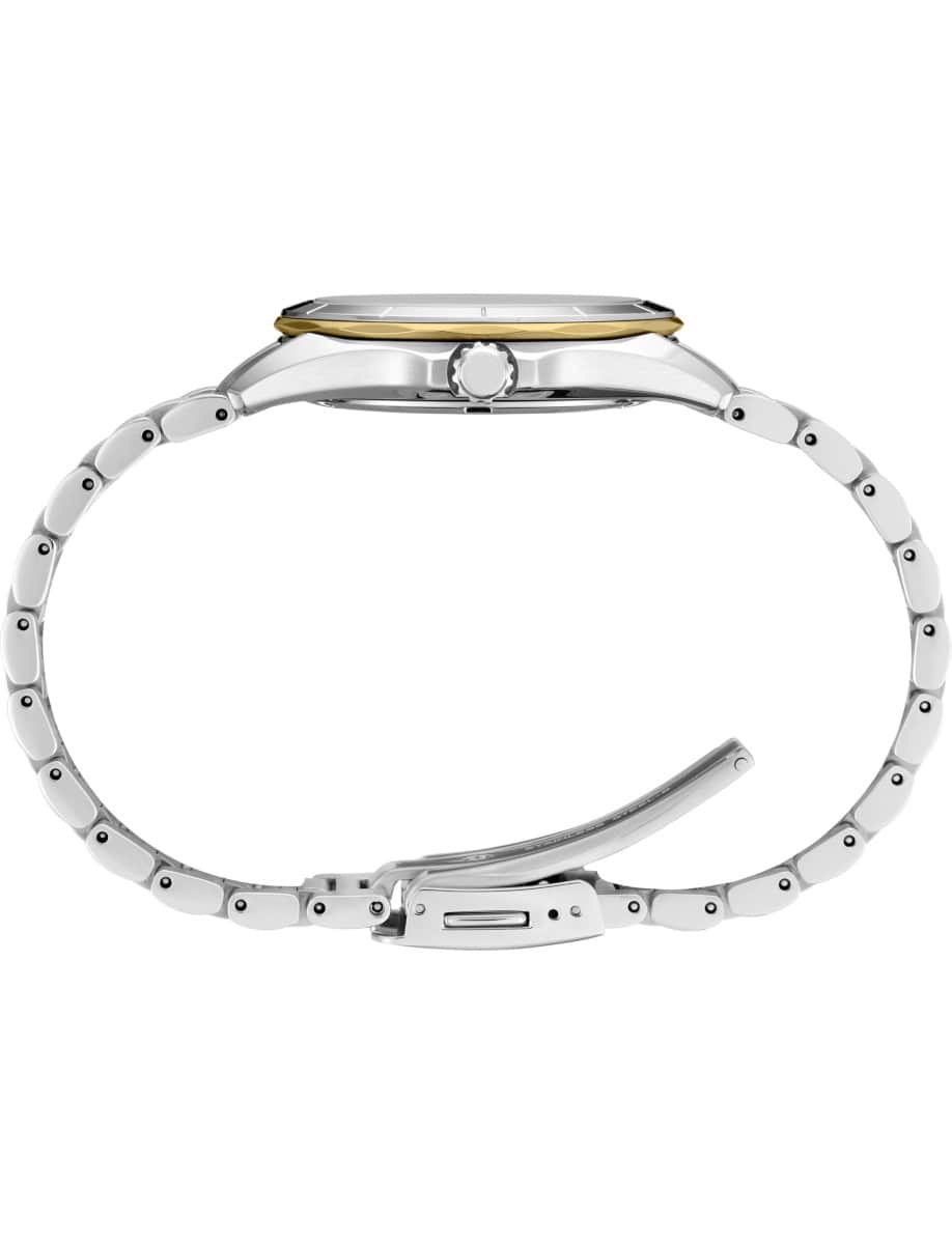 Side view of Seiko Luxe wristwatch with stainless steel case and bracelet