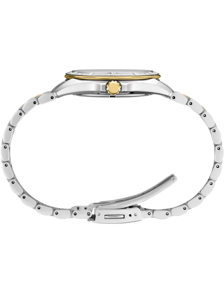 Side view of Seiko Luxe wristwatch with two-tone stainless steel and bracelet