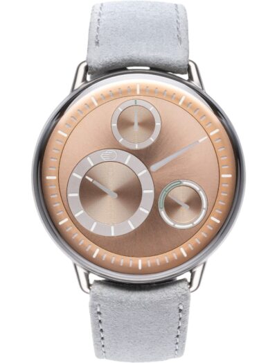 Ressence wristwatch with grade 5 titanium case, silver dial, and leather strap.