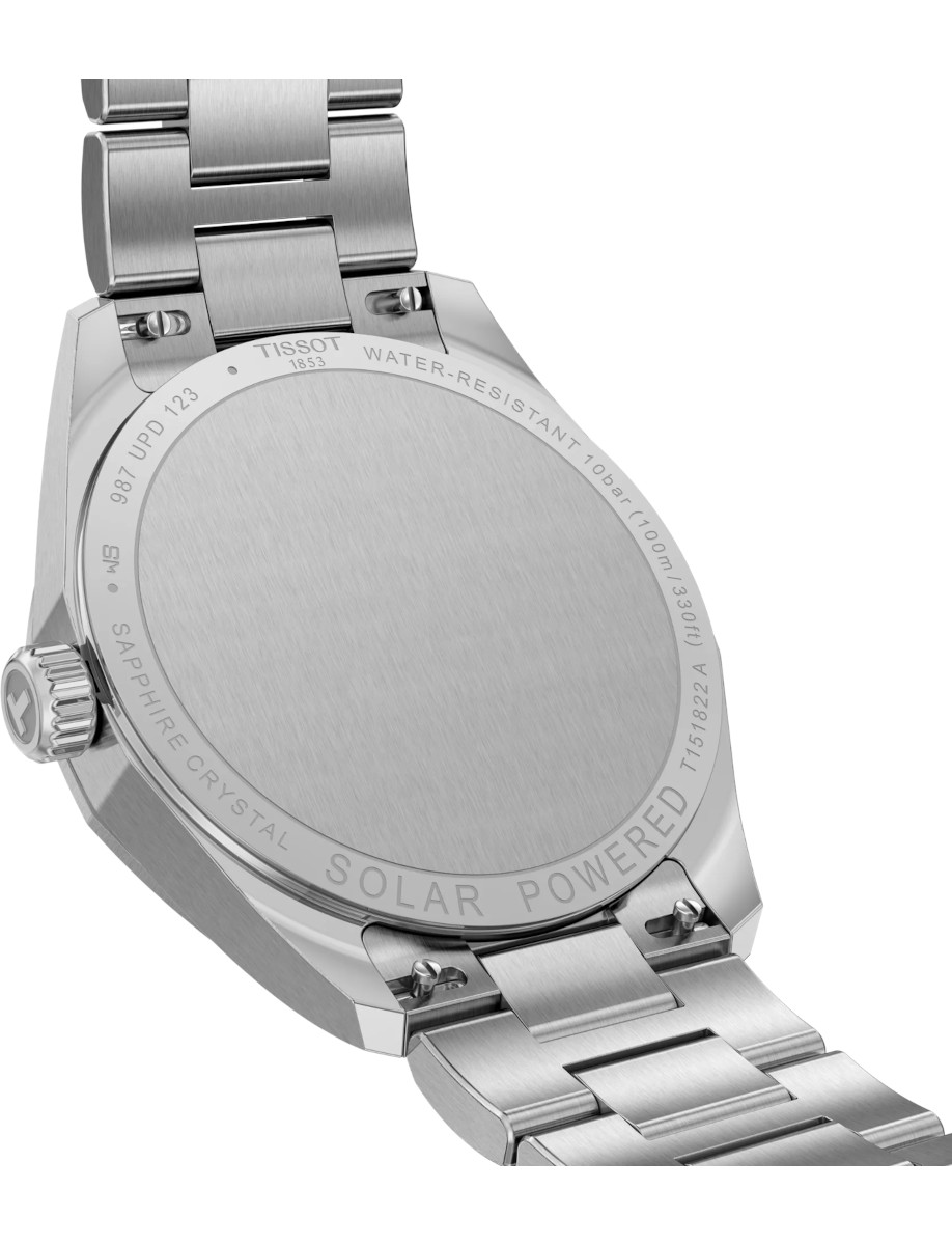 Back view of Tissot wristwatch with stainless steel case and bracelet.