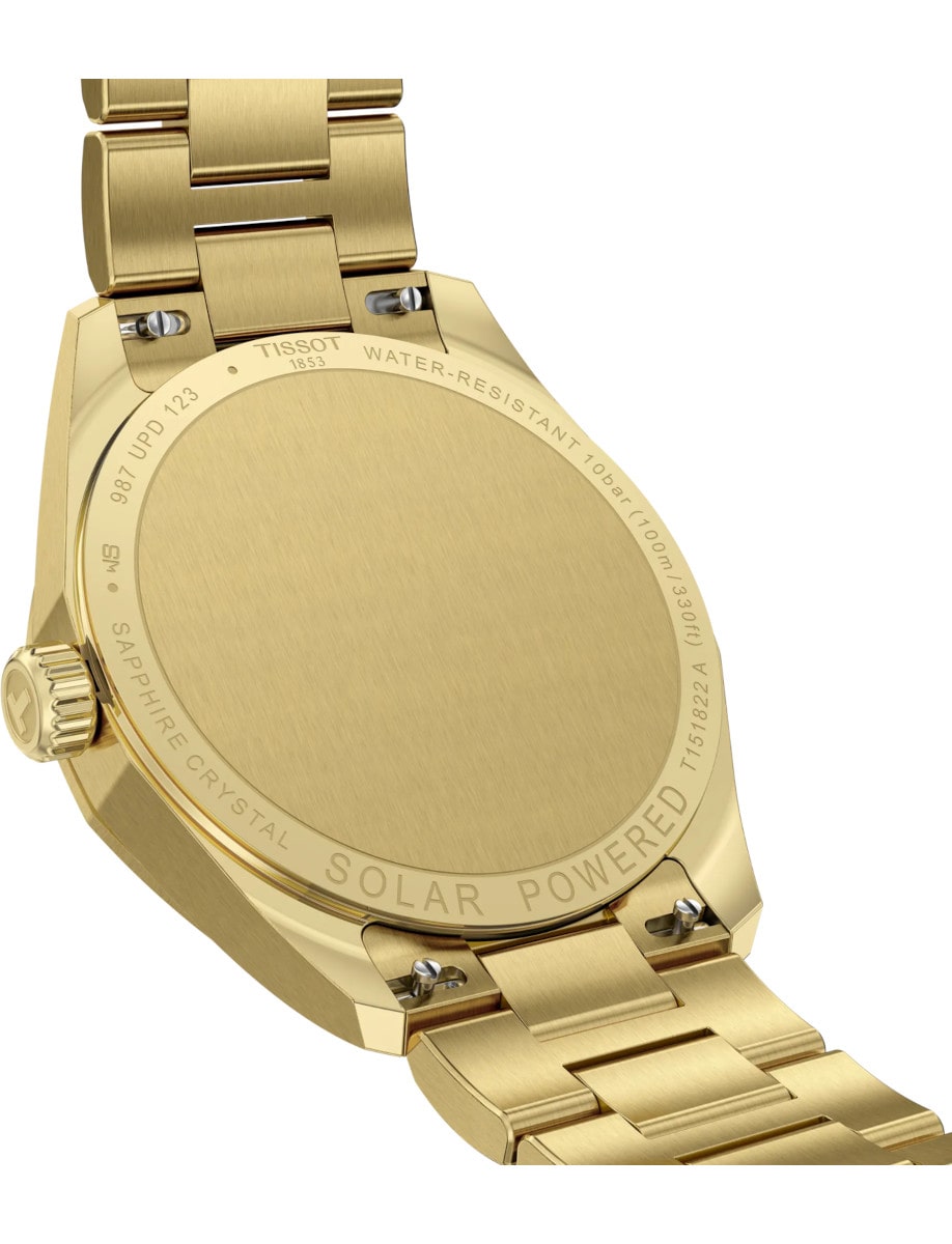 Back view of Tissot wristwatch with 316L stainless steel case and bracelet with yellow gold PVD coating.