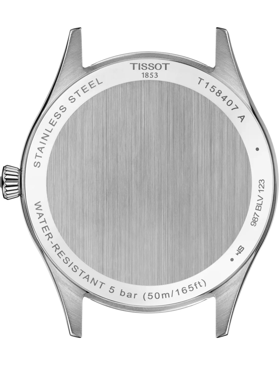 Back view of Tissot wristwatch with stainless steel case and bracelet and black dial