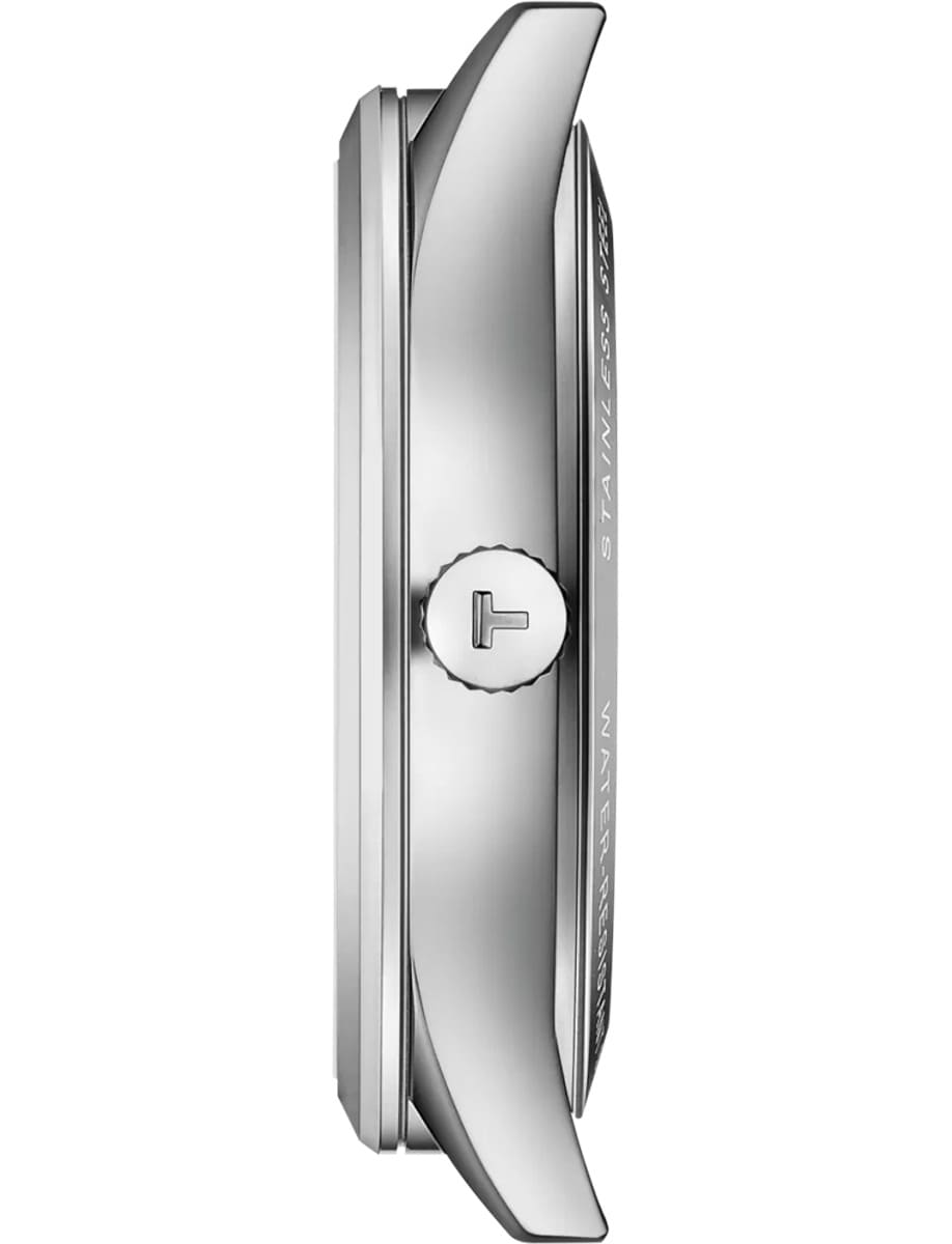 Side view of Tissot wristwatch with stainless steel case and bracelet and black dial