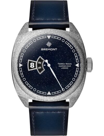 Bremont wristwatch with stainless steel case, blue Aventurine dial, and blue gradient leather strap.