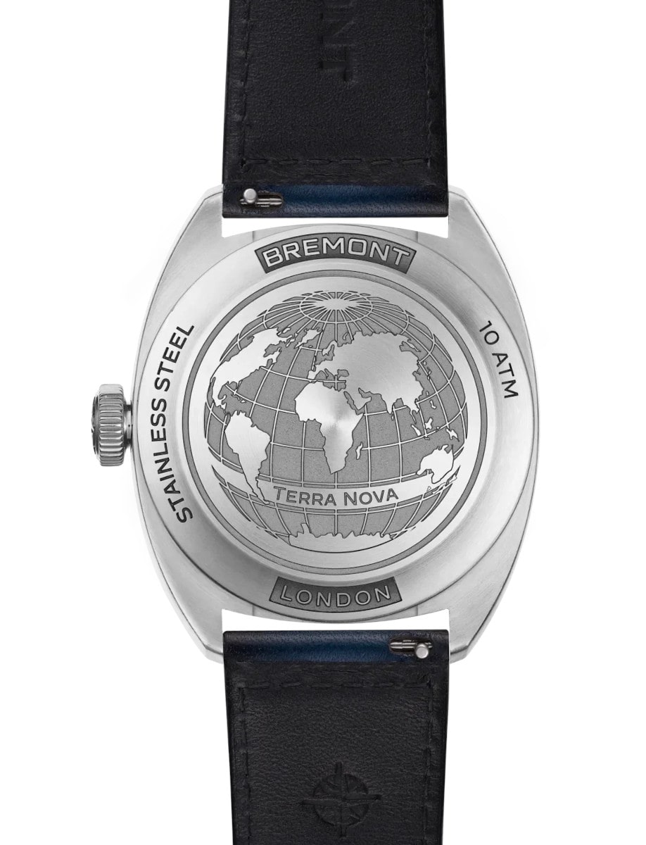 Back view of Bremont wristwatch with stainless steel case, engraved case back, and blue gradient leather strap.
