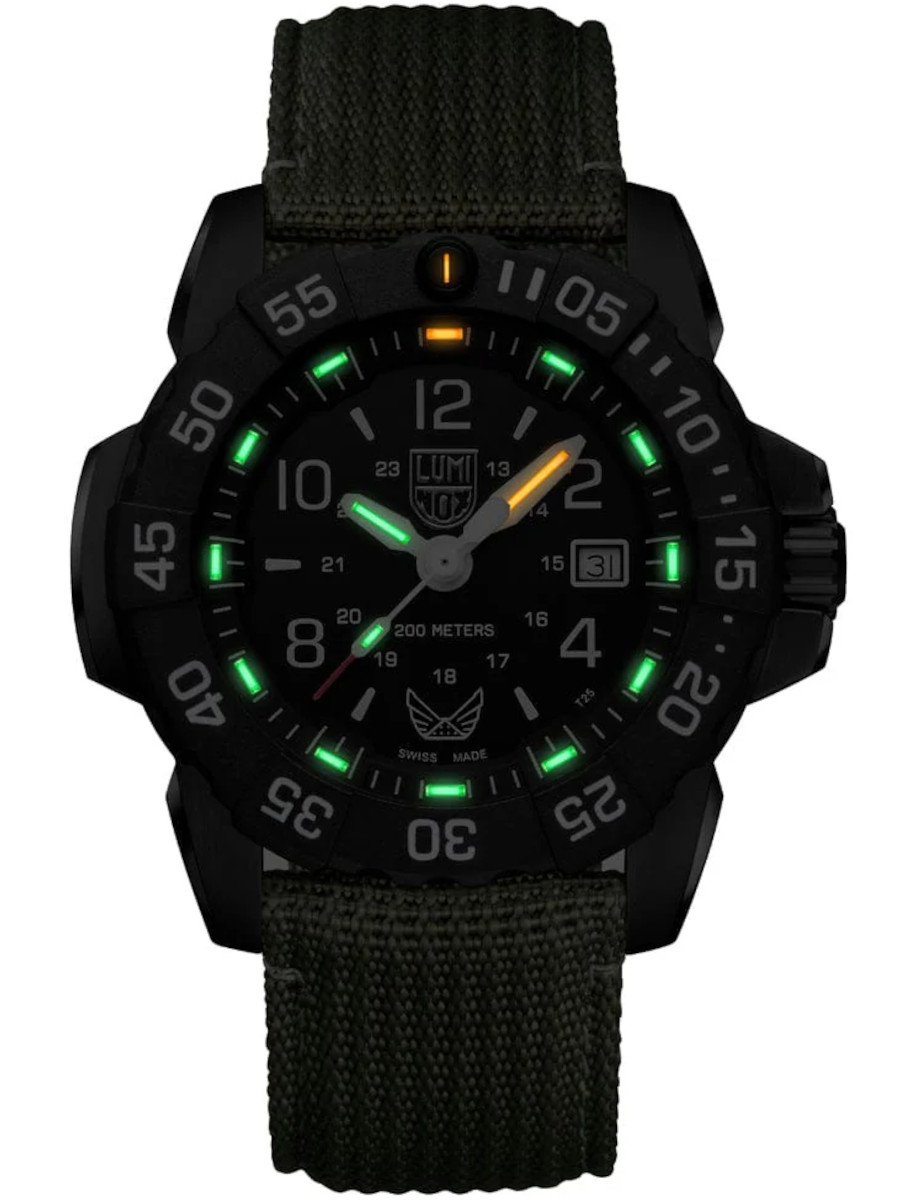 Luminox wristwatch with IP black stainless steel case, black dial with Luminox Light Technology, and green textile strap.