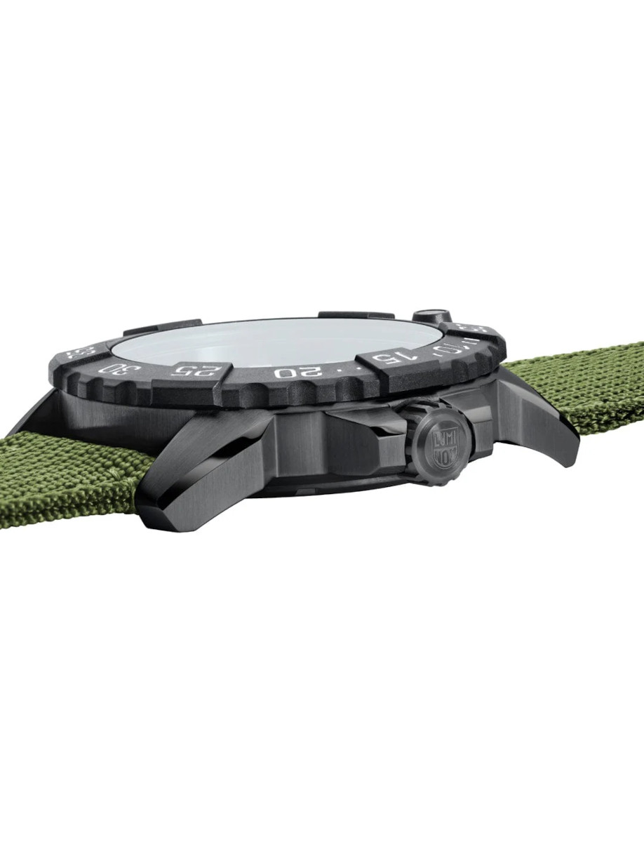 Side view of Luminox wristwatch with IP black stainless steel case, black dial, and green textile strap.
