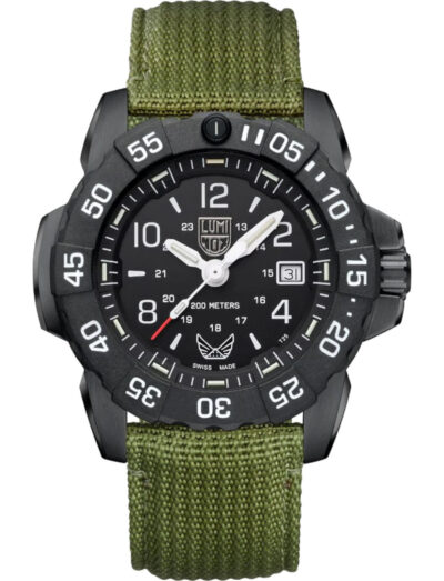 Luminox wristwatch with IP black stainless steel case, black dial, and green textile strap.