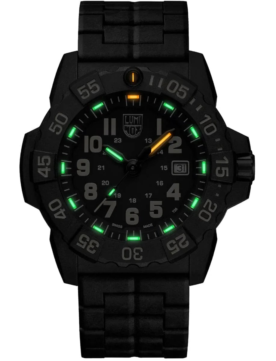 Night view of Luminox wristwatch with CARBONOX case and bracelet and black dial