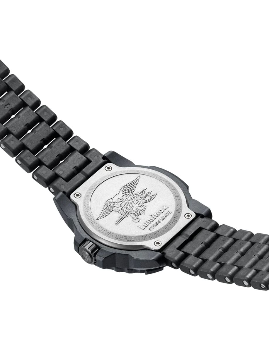 Back view of Luminox wristwatch with CARBONOX case and bracelet and black dial