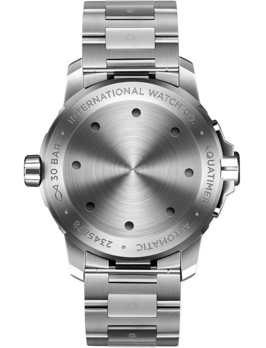 Back view of IWC wristwatch with stainless steel case and bracelet.