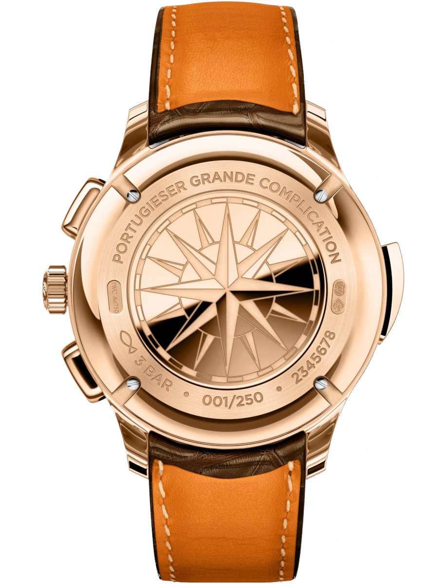 Back view of IWC wristwatch with 18k 5N gold case, and Dark brown alligator leather strap by Santoni.