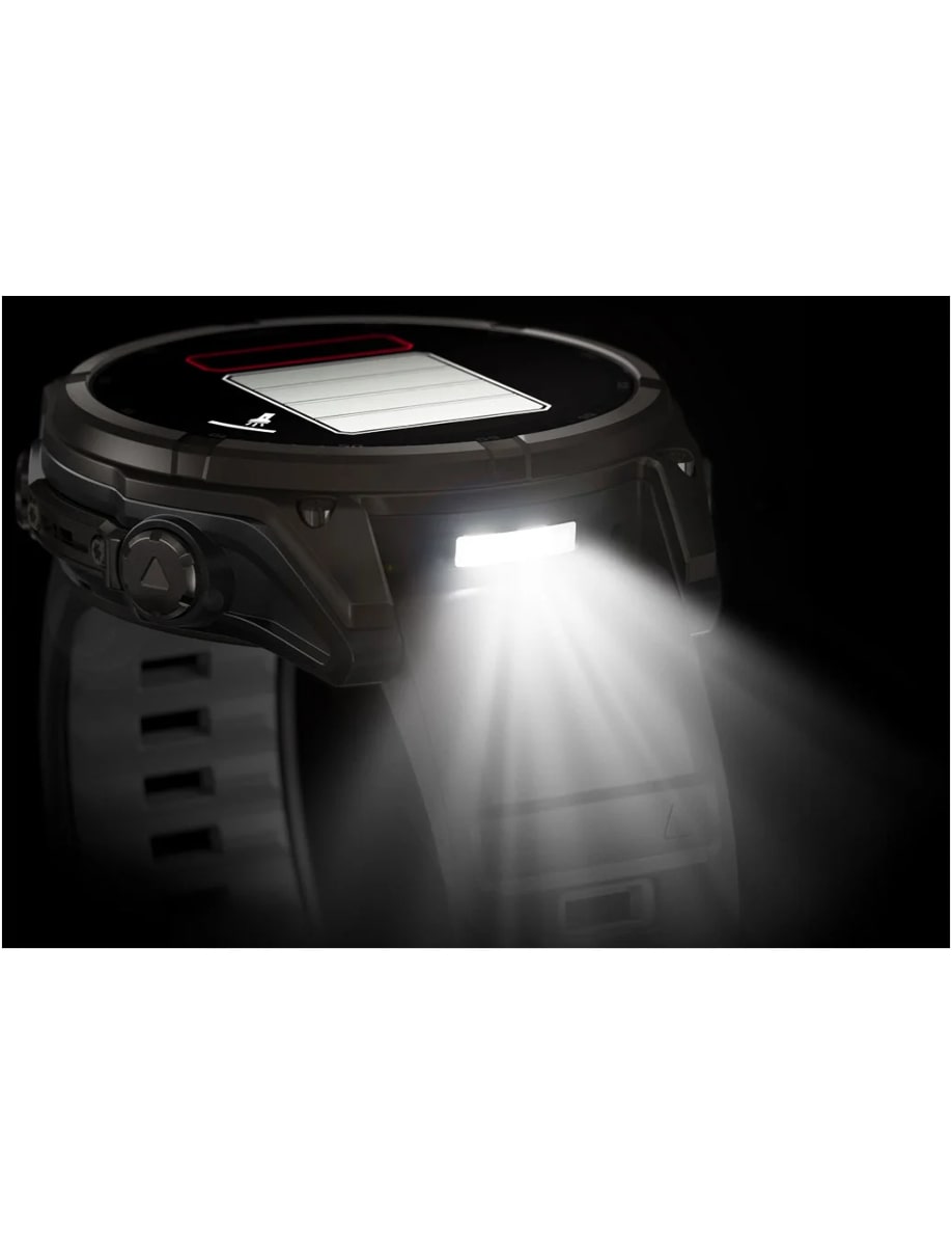 Night view of Garmin wristwatch with fiber-reinforced polymer with metal rear cover case and silicon strap