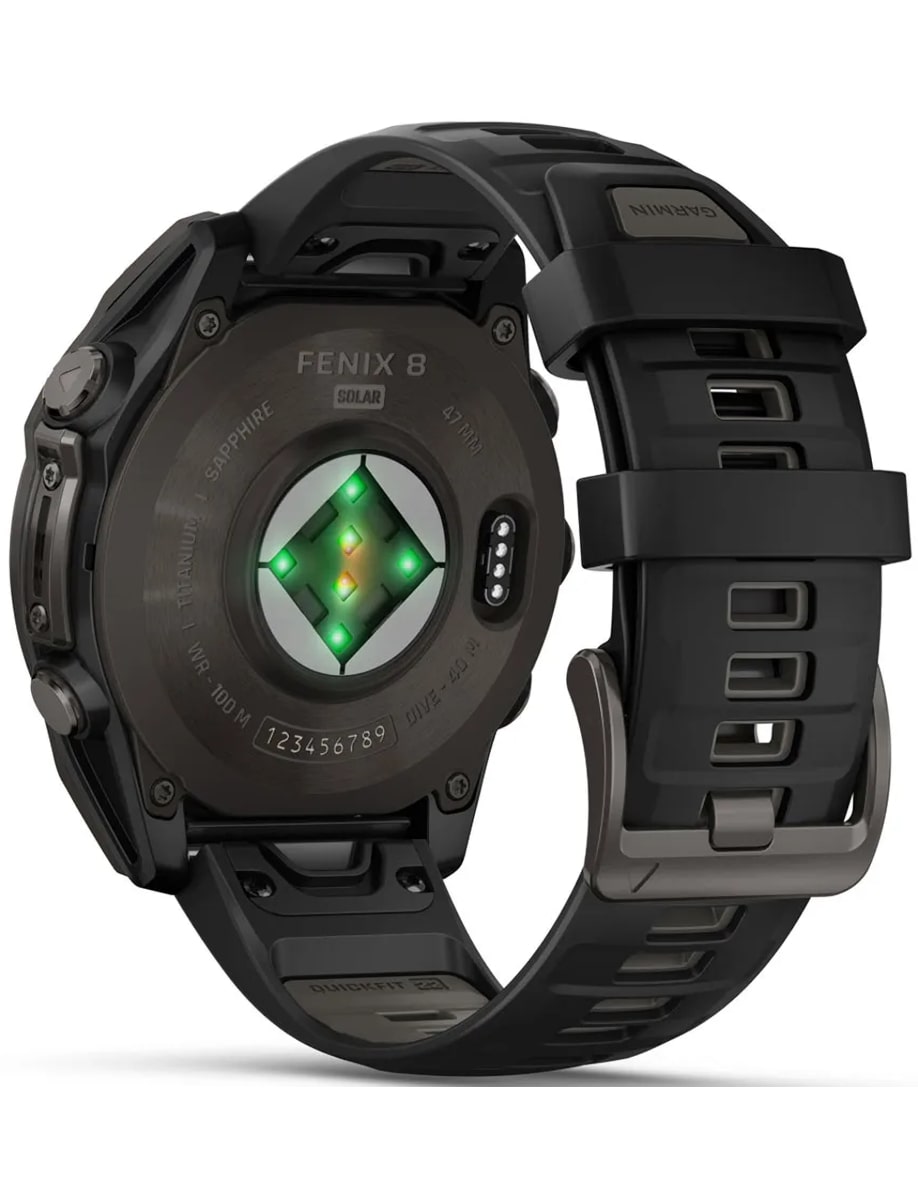 Back view of Garmin wristwatch with fiber-reinforced polymer with metal rear cover case and silicon strap