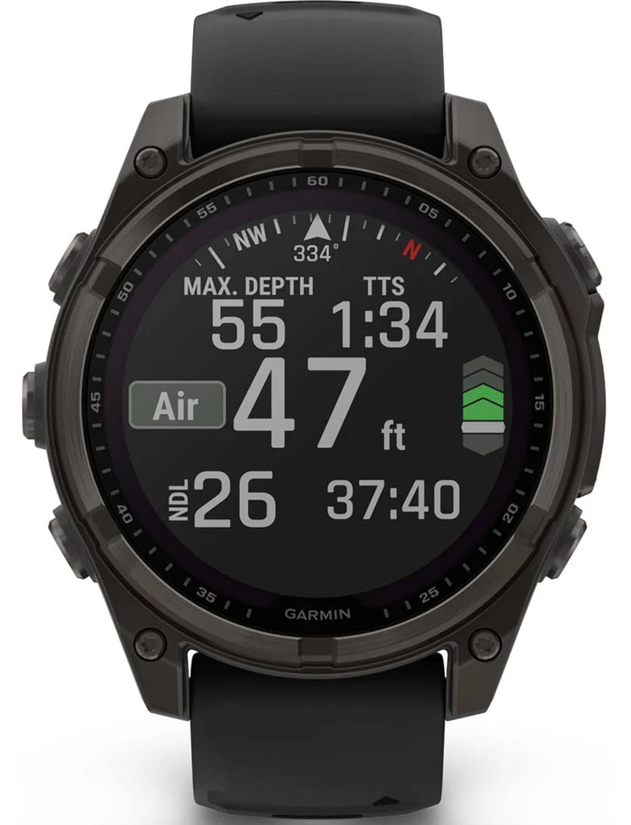 Front view of Garmin wristwatch with fiber-reinforced polymer with metal rear cover case and silicon strap