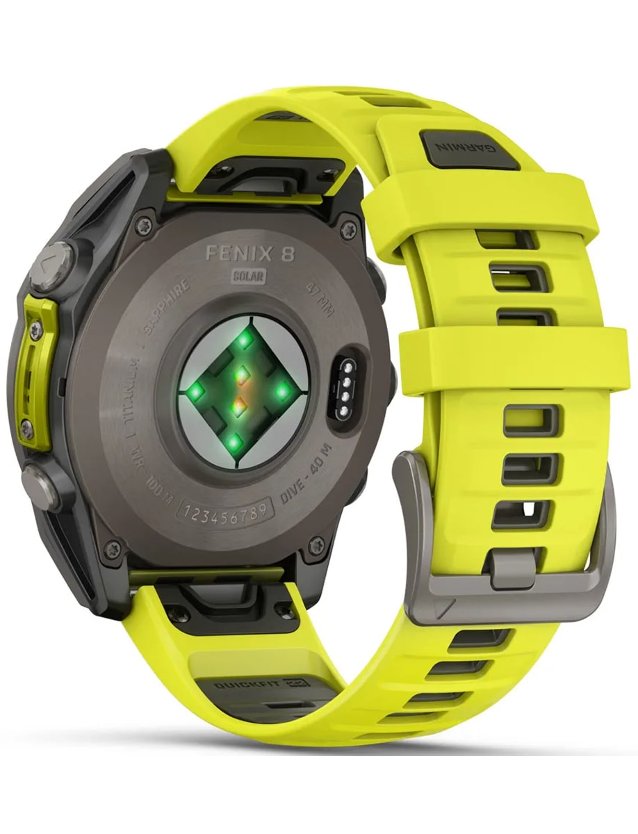 Back view of Garmin wristwatch with fiber-reinforced polymer case, Power Sapphire™ display and silicone strap