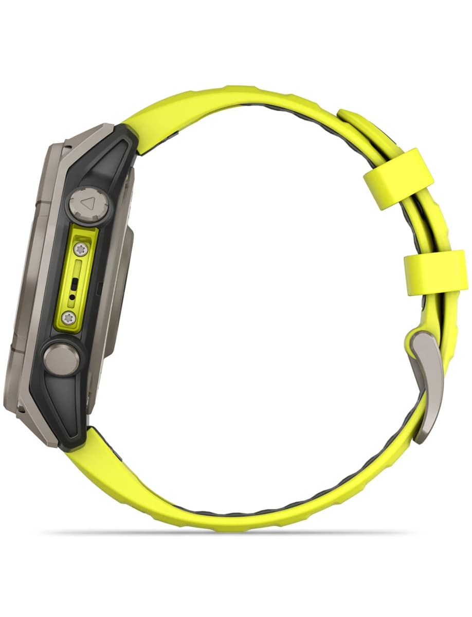 Side view of Garmin wristwatch with fiber-reinforced polymer case, Power Sapphire™ display and silicone strap