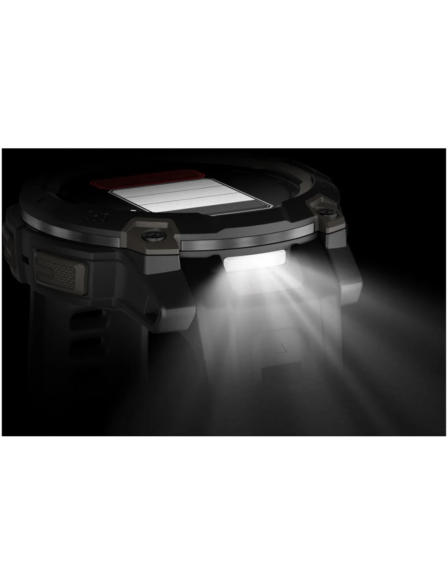 Night view of Garmin wristwatch with fiber-reinforced polymer case, amoled dial and silicon strap
