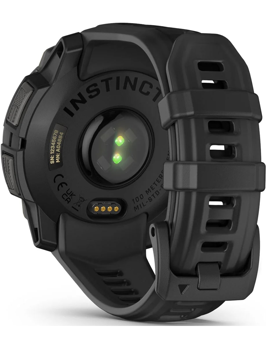 Back view of Garmin wristwatch with fiber-reinforced polymer case, amoled dial and silicon strap