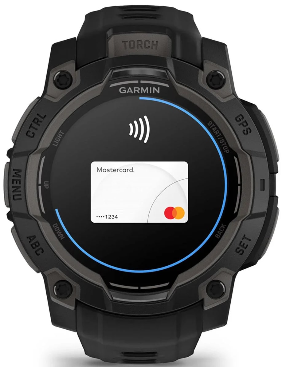 Front view of Garmin wristwatch with fiber-reinforced polymer case, amoled dial and silicon strap