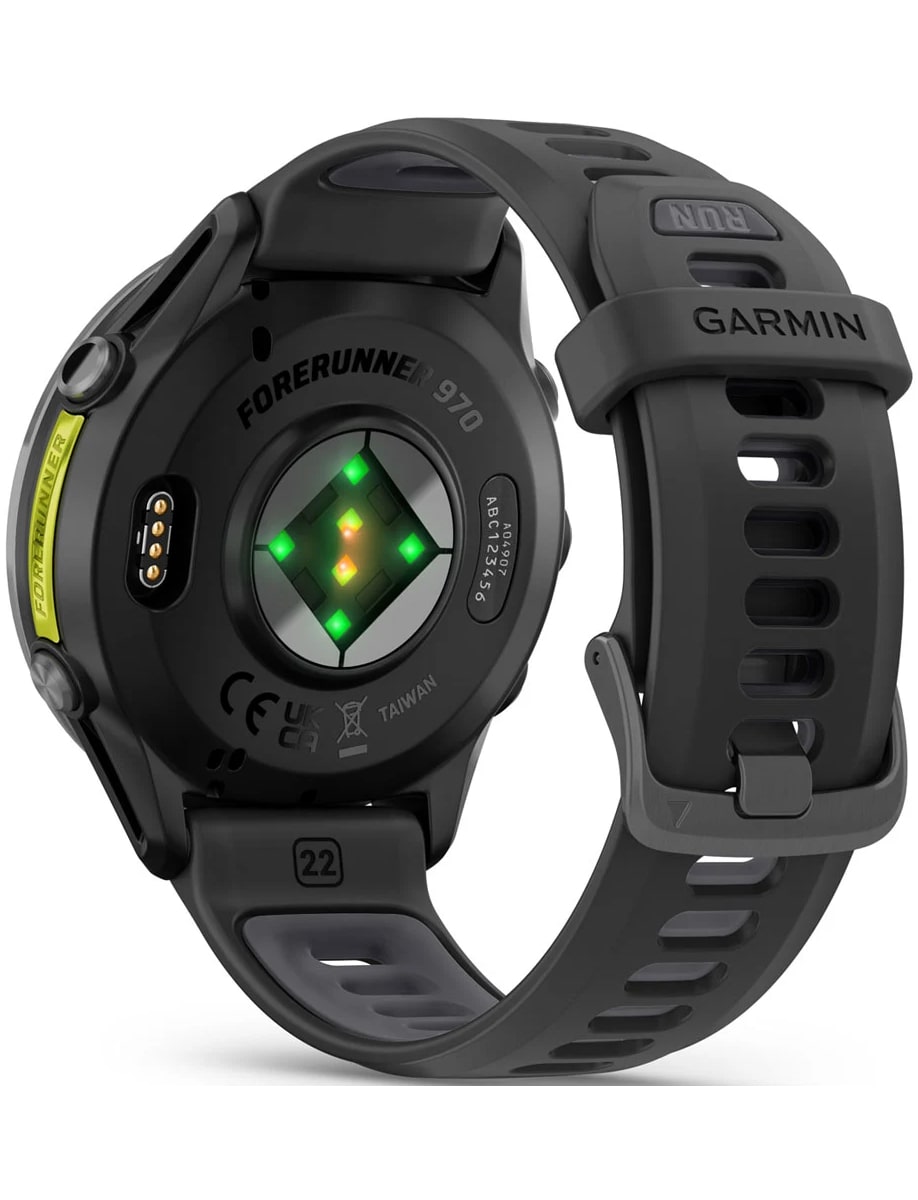 Back view of Garmin wristwatch with polycarbonate case, black dial and silicone strap