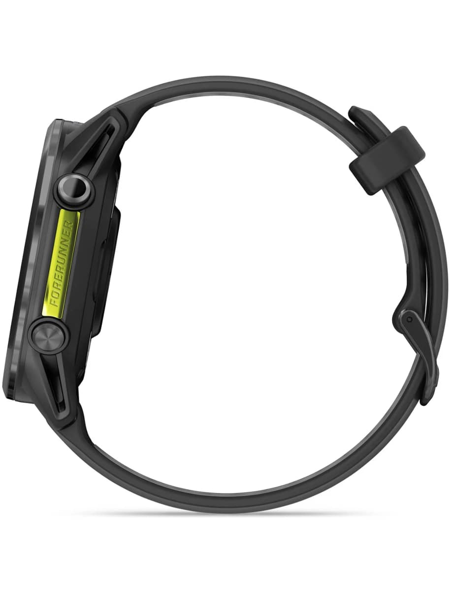 Side view of Garmin wristwatch with polycarbonate case, black dial and silicone strap